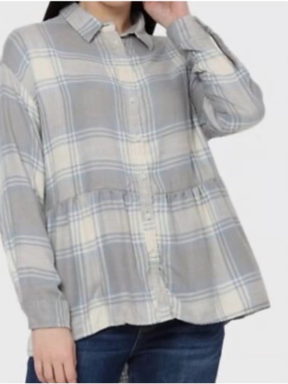 American Eagle Light Blue and Cream Plaid Button-Up Babydoll Top Size XS